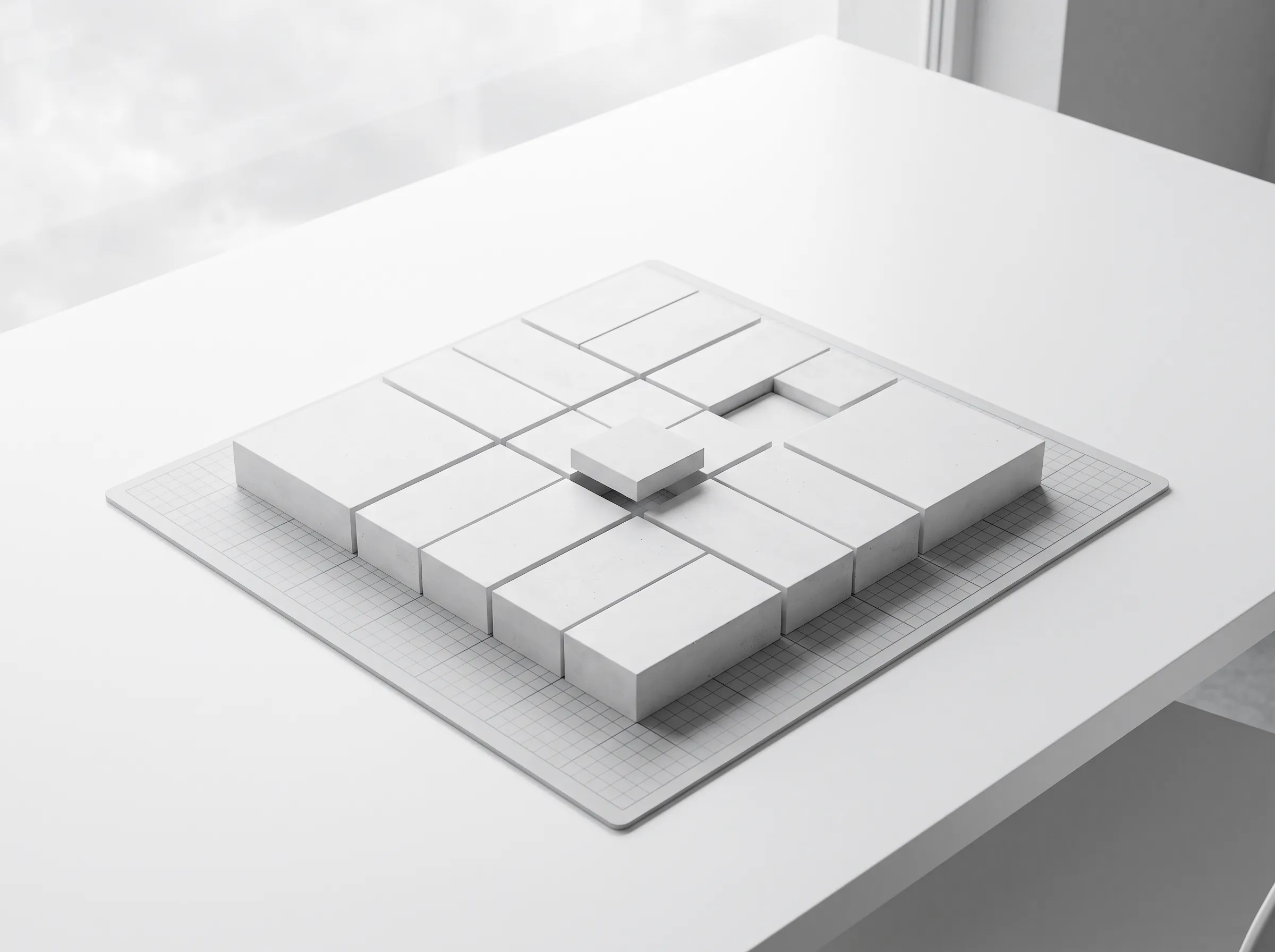 White modular blocks arranged on a grid, one slightly raised