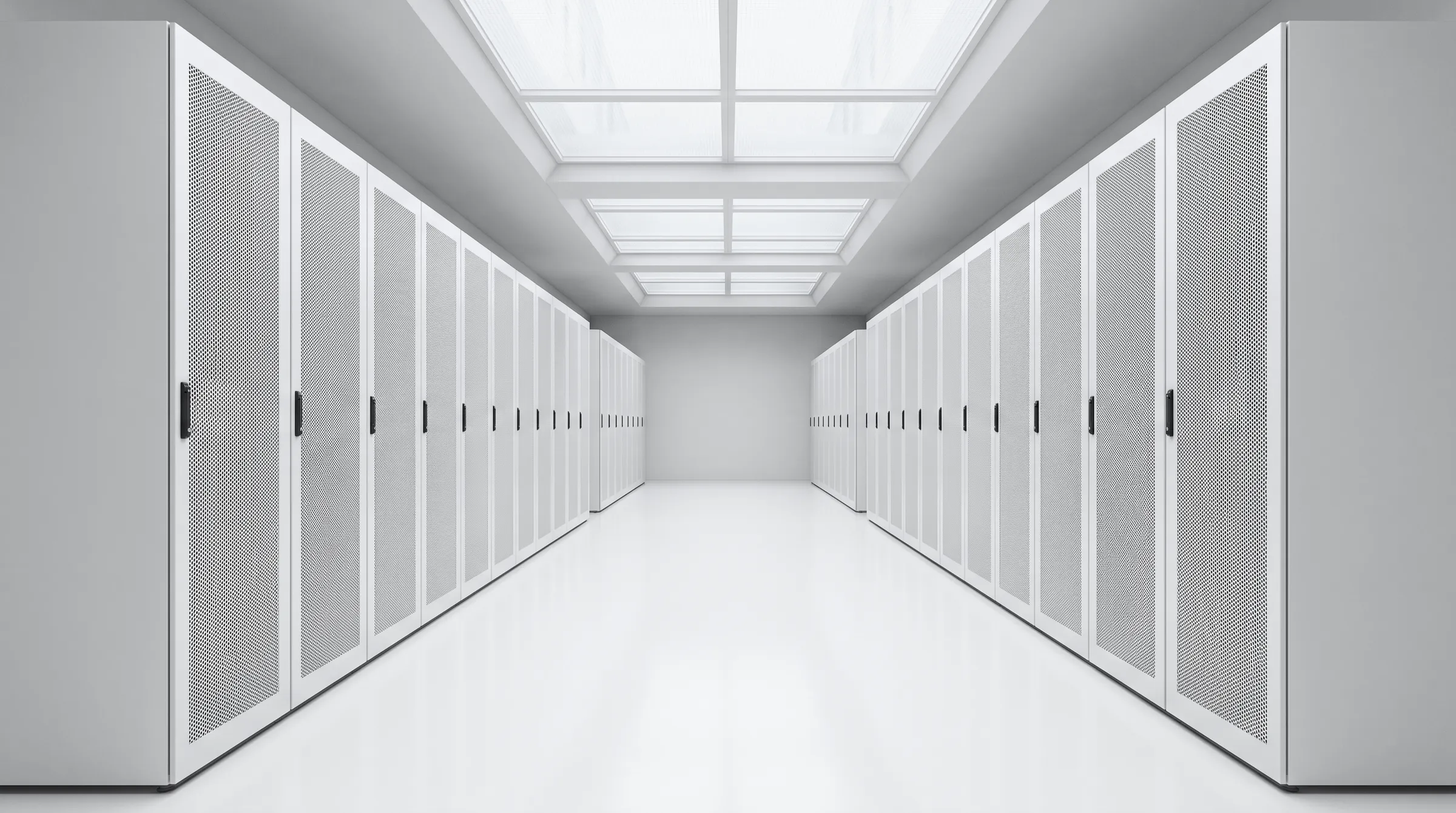A symmetrical white data center aisle