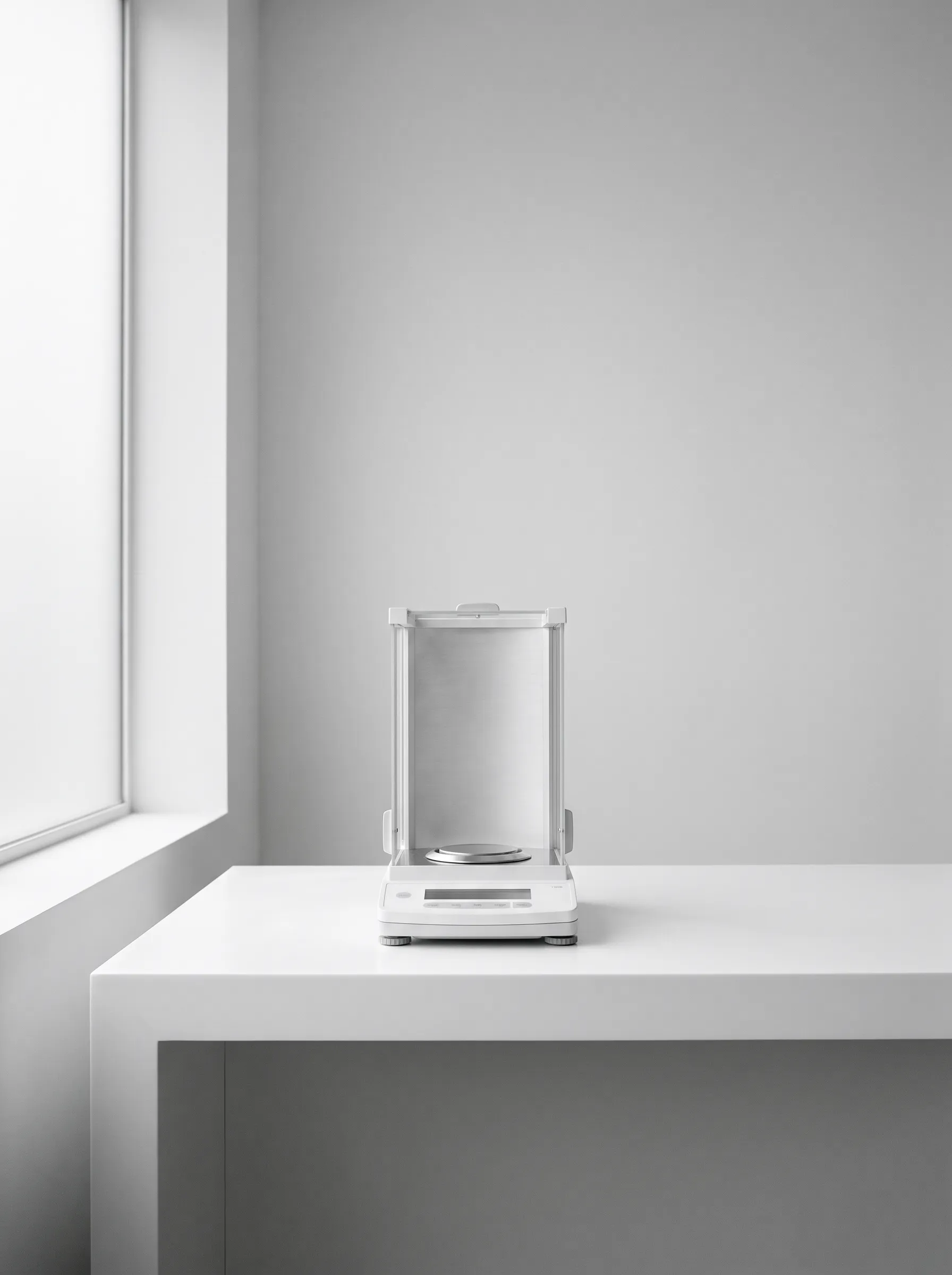 A precision laboratory instrument on a white bench